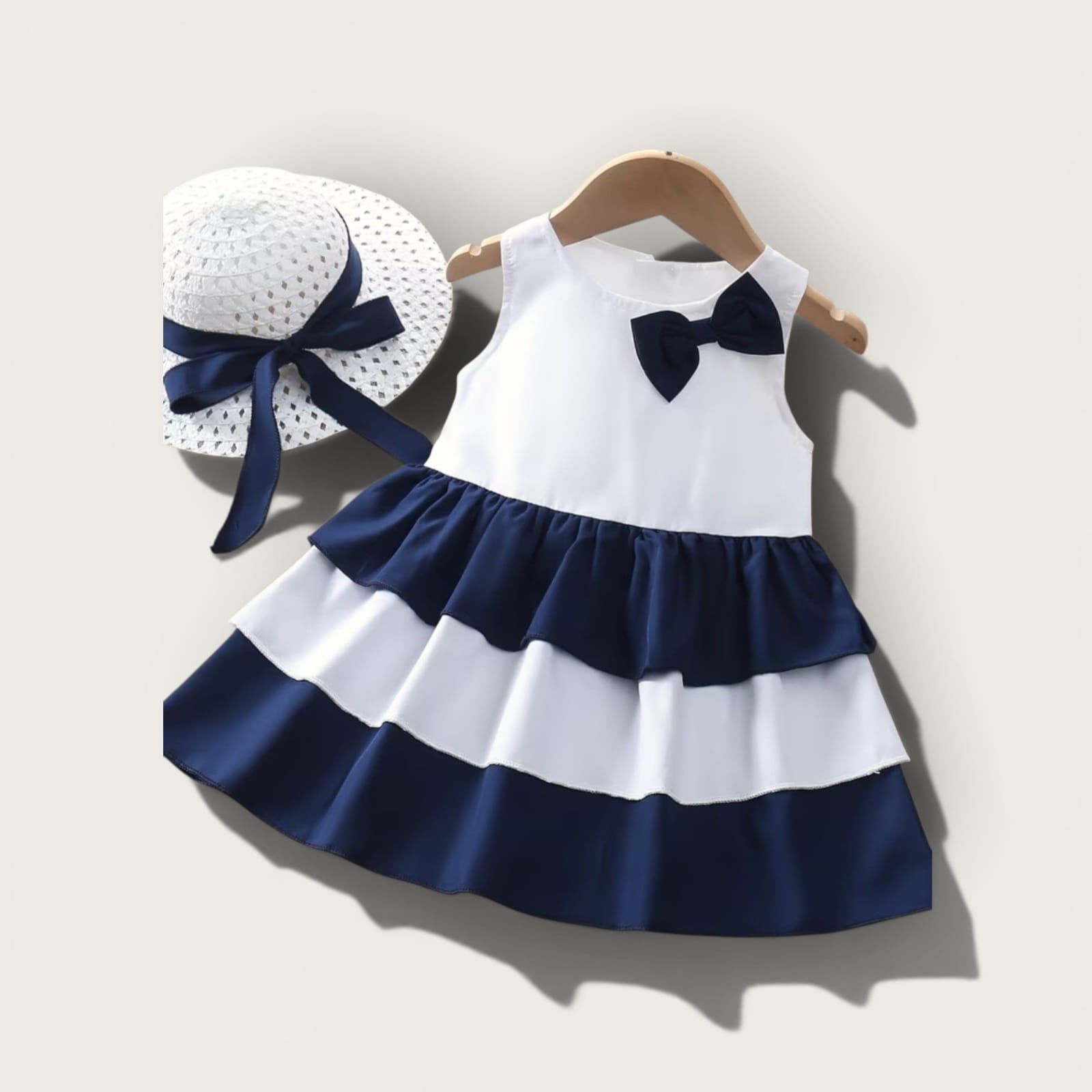 Girls Summer Color-Block Bow Double Layer Dress