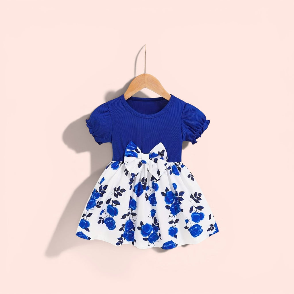 Girls blue print & bow dress