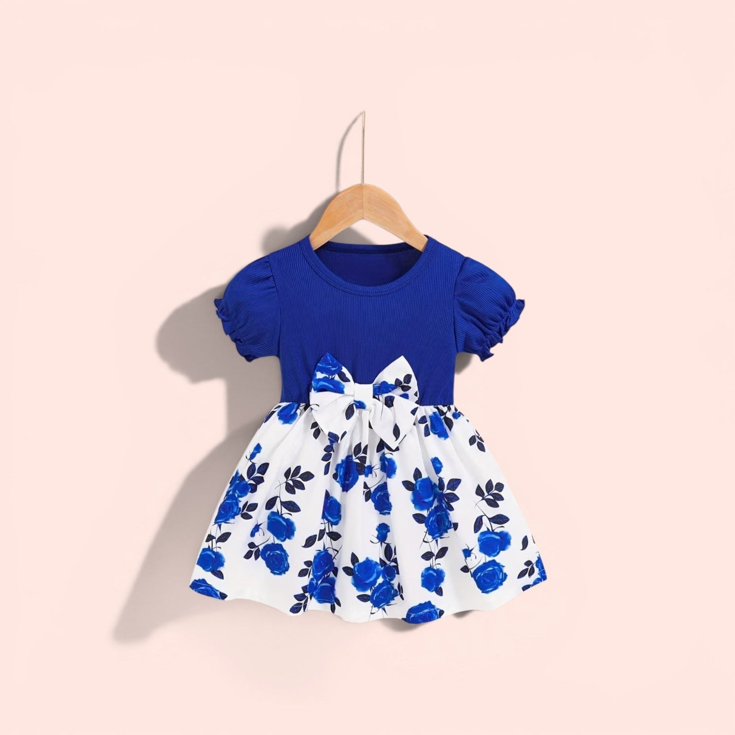 Girls blue print & bow dress
